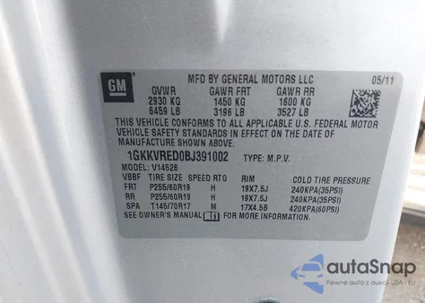 2011 GMC Acadia Slt-1 from USA, damaged, VIN 1GKKVRED0BJ391002